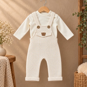 Set bebe din bumbac cu salopeta tip overall si bluza cu maneca lunga, crem - Img 3