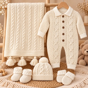 Set bebe din lana naturala, imblanit, salopeta, paturica, caciula, botosei si manusi, crem