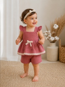 Set bebe fete 2 piese muselina premium bluza cu volane si pantaloni scurti roz pudra