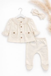 Set bebe fete 3 piese crem elegant bluza dantela pantaloni bentita - Img 2