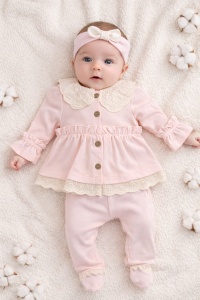 Set bebe fete roz pastel 3 piese elegant dantela bluza pantaloni bentita