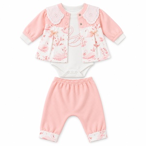 Set bebe fetita 3 piese din bumbac cu body lebada, cardigan catifelat si pantaloni roz - Img 3