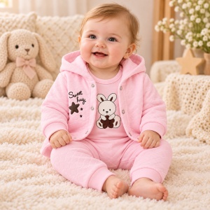 Set bebe fetita 3 piese din bumbac roz cu hanorac cu gluga body si pantaloni