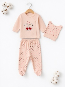 Set bebe fetita 3 piese pisicute inimioare bluza pantaloni si caciulita roz - Img 2