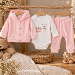 Set bebe fetita 3 piese roz cu body ursulet si hanorac cu gluga - Img 2