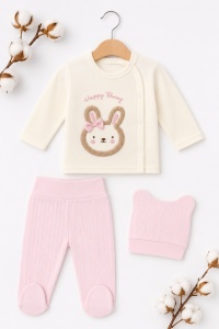 Set bebe fetita 3 piese roz din bumbac cu bluza pantalon si caciulita happy bunny - Img 2