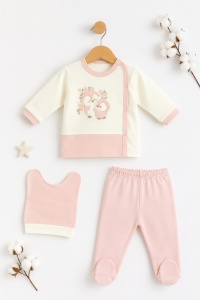 Set bebe fetita 3 piese roz din bumbac cu bluza pantalon si caciulita model pinguin - Img 2