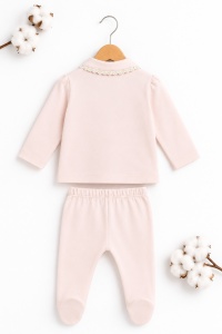 Set bebe fetita 3 piese roz pudrat din bumbac cu bentita si dantela eleganta - Img 4