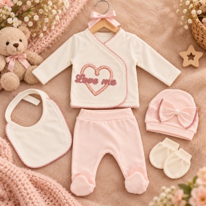 Set bebe fetita 5 piese bumbac crem si roz, Love Me, pantaloni cu botosei integrati - Img 2