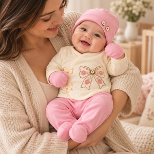 Set bebe fetita 5 piese bumbac crem si roz pudrat, fundita brodata, pantaloni cu botosei integrati - Img 3
