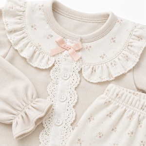 Set bebe fetita 5 piese din bumbac cu volane, dantela si imprimeu floral delicat - Img 5