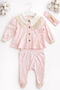 Set bebe fetita bumbac roz 3 piese cu dantela bluza pantaloni si bentita eleganta - Img 2