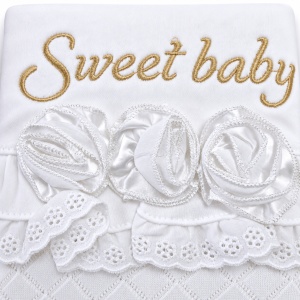 Set bebe fetita din bumbac 10 piese, alb, model elegant cu trandafiri si dantela - Img 6