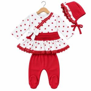 Set bebe fetita din bumbac 10 piese, alb si rosu, model cu inimioare - Img 3