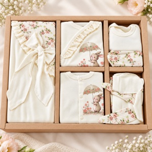 Set bebe fetita din bumbac 10 piese, crem cu flori roz si iepuras - Img 2