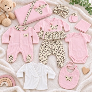 Set bebe fetita din bumbac 10 piese, roz cu imprimeu animal print si fluturasi