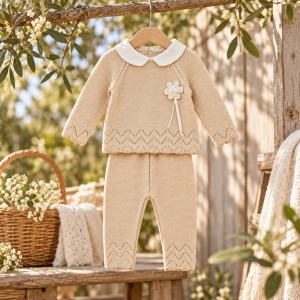 Set bebe fetita din bumbac bej cu bluza tricotata si pantaloni