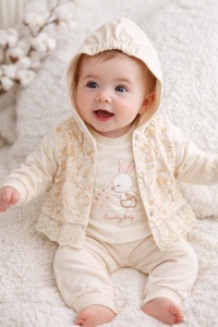 Set bebe fetite crem 3 piese hanorac bluza si pantaloni iepuras