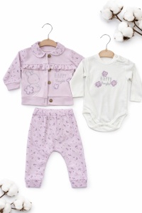 Set bebe fetite lila 3 piese body bluza si pantaloni iepuras - Img 2