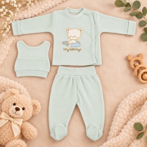 Set bebe vernil din bumbac 3 piese cu ursulet si pantalonasi cu botosei integrati - Img 2