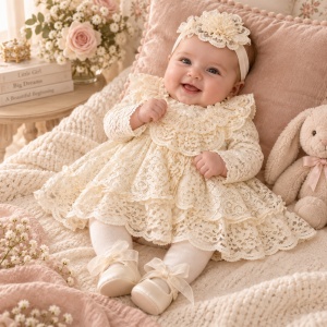 Set botez fetita 4 piese, rochita de lux din dantela ivoire, bentita, dres si pantofiori