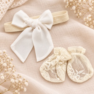 Set botez fetita premium din muselina 4 piese ivoire cu dantela, broderii si paturica - Img 7