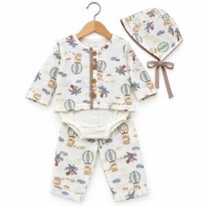 Set complet bebe din muselina 10 piese cu imprimeu baloane, alb si maro - Img 3