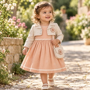 Set elegant fetita 3 piese, rochita somon, bolero crem si gentuta