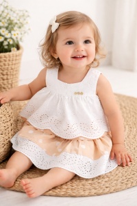 Set elegant fetite bluza brodata si fusta bej buline compleu copii
