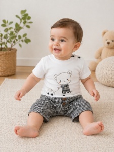 Set haine bebe baiat 2 piese bumbac premium – tricou si pantaloni scurti cu ursulet gri