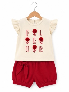 Set haine bebe fete 2 piese bumbac premium – tricou cu volanase si pantaloni rosii flower - Img 2