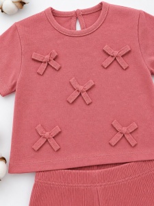 Set haine bebe fete 2 piese bumbac premium – tricou si pantaloni roz pudra cu fundite - Img 4