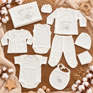Set nou nascut 10 piese bumbac alb Baby Love, body, pantaloni, paturica si accesorii