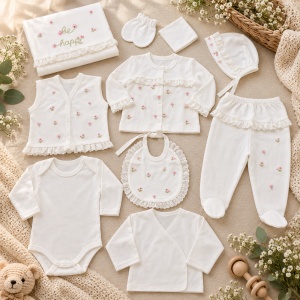 Set nou nascut 10 piese bumbac alb cu floricele roz, dantela, paturica si accesorii