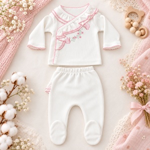 Set nou nascut 10 piese bumbac, alb roz, flori si fluturasi, paturica, salopeta si accesorii - Img 3