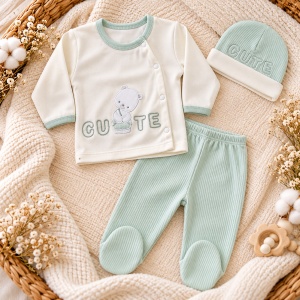 Set nou nascut 10 piese bumbac alb verde menta cu ursulet, paturica si accesorii - Img 4