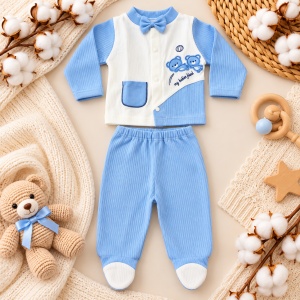Set nou nascut 10 piese bumbac, bleu alb, ursuleti, paturica, body si accesorii bebe - Img 3