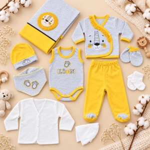 Set nou nascut 10 piese bumbac, gri galben, model leu, paturica inclusa
