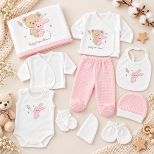 Set nou nascut 10 piese bumbac organic, alb roz, iepuras si ursulet, paturica inclusa