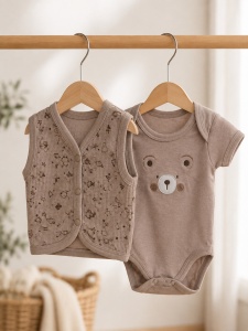 Set nou nascut 10 piese din 100% bumbac maro cappuccino cu paturica si imprimeu ursulet, prezentare in decor