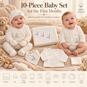 Set nou nascut 10 piese din bumbac, crem, barcute, paturica si accesorii - Img 6