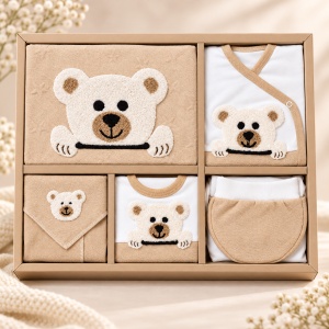 Set nou-nascut 10 piese din bumbac organic cu paturica, body si accesorii, ursulet, maro caramel - Img 2