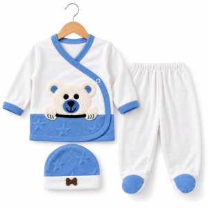 Set nou-nascut 10 piese din bumbac organic, paturica, body, pantaloni si accesorii, model ursulet, albastru - Img 3