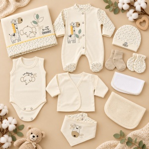 Set nou nascut 10 piese din bumbac organic, salopeta, body, paturica si accesorii