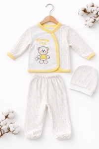 Set nou nascut 3 piese bumbac alb galben ursulet body pantaloni caciulita unisex - Img 2