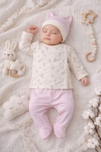 Set nou nascut 3 piese bumbac crem roz flori body pantaloni caciulita fete