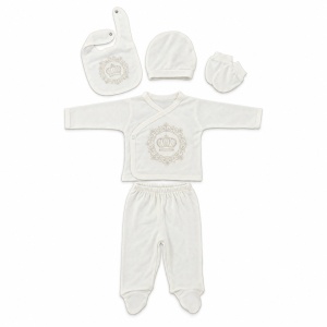 Set nou-nascut 5 piese bumbac alb cu coronita si pantaloni cu botosei integrati - Img 4