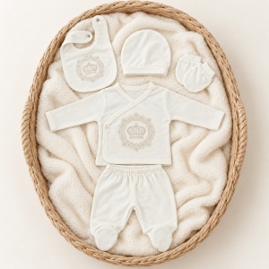 Set nou-nascut 5 piese bumbac alb cu coronita si pantaloni cu botosei integrati - Img 3