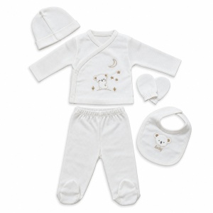 Set nou nascut 5 piese bumbac alb cu koala brodat si botosei integrati - Img 3