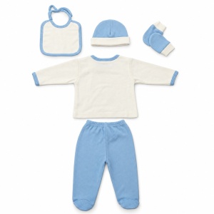 Set nou-nascut 5 piese bumbac alb si bleu cu ursulet Cute si pantaloni cu botosei integrati - Img 5